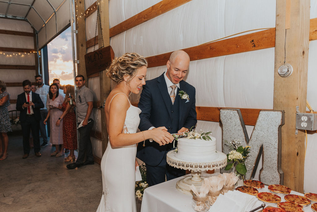 Bride and groom cutting into wedding cake