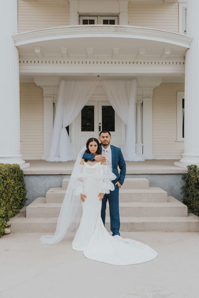 Bride and groom portraits at The Moore Mansion in Pasco, Washington - Washington State Wedding Venue