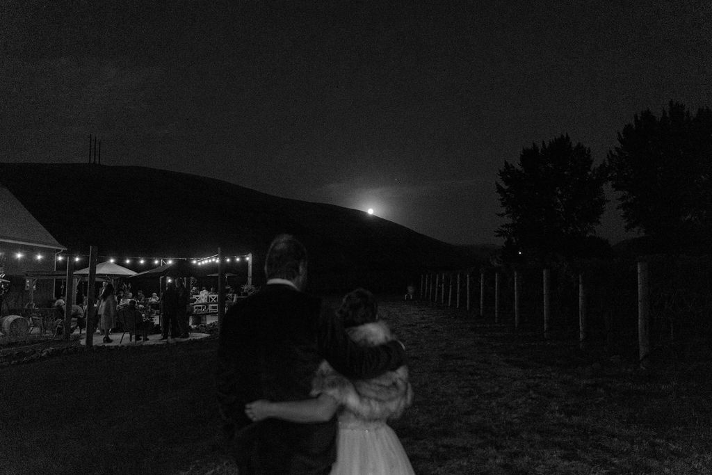 Bride and groom looking at the moonlight