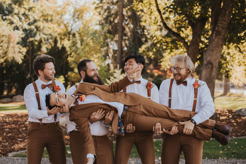 Groom and groomsmen photos from fall boho wedding in Couer d'Alene Idaho wedding