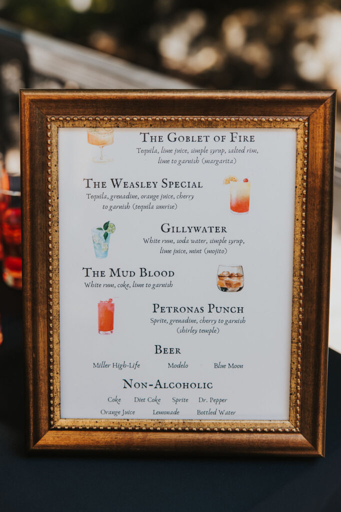 Harry Potter inspired wedding drinks menu