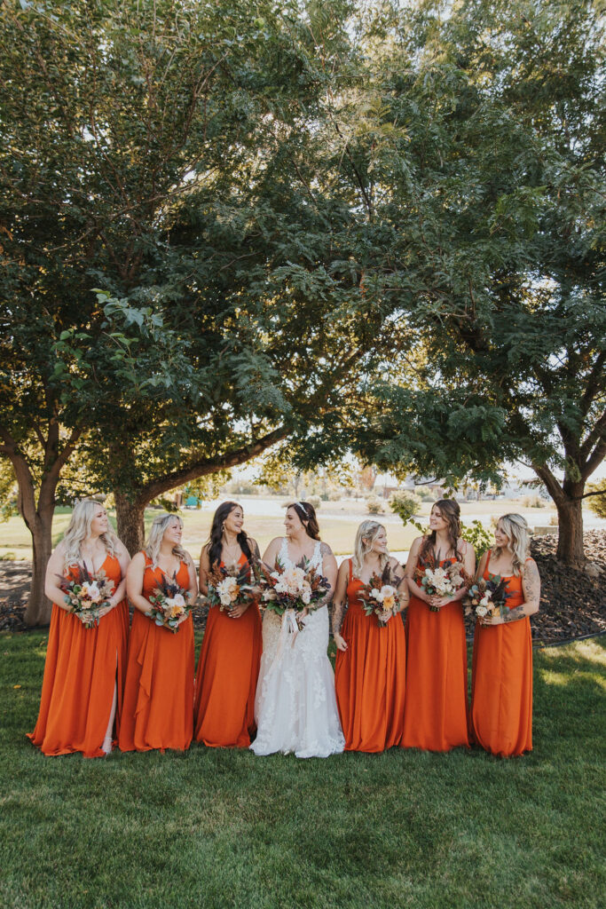 Bride and bridesmaids, bridesmaids terracotta dresses