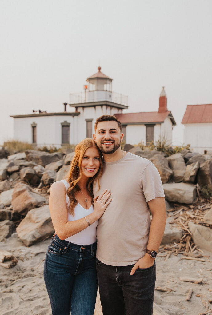 Romantic engagement photos at Discovery Park in Seattle