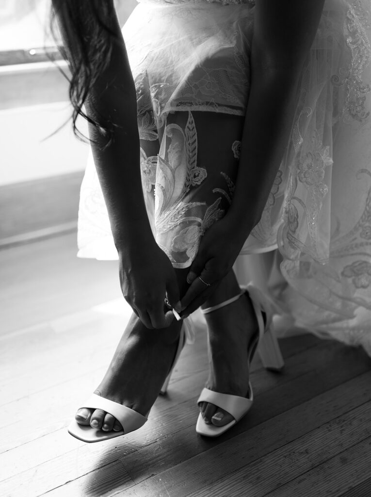 bride getting ready, black and white photo