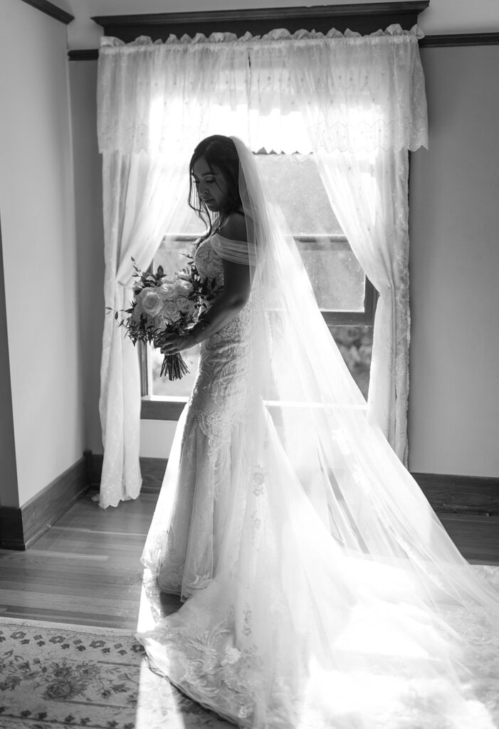 bride getting ready, black and white photo