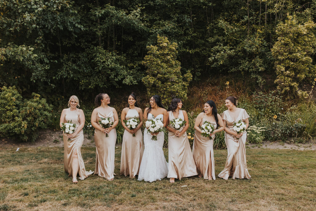 bride and bridesmaids, neutral bridesmaids dresses