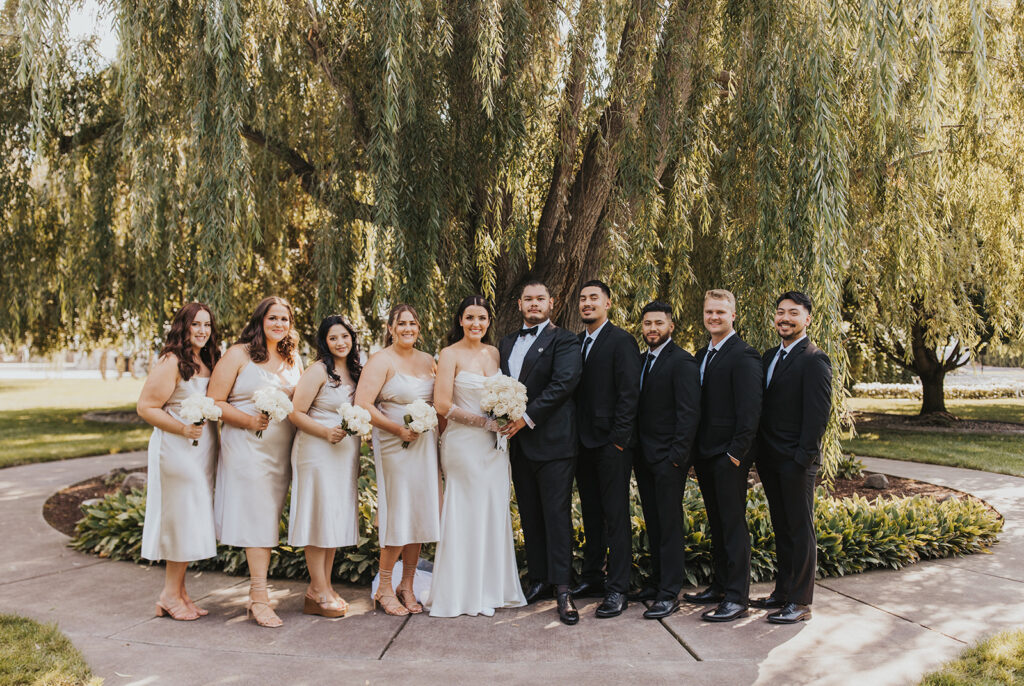 bride and groom and their elegant wedding party 