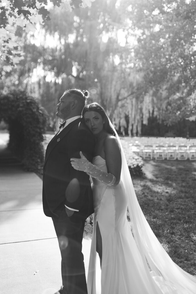 black and white bride and groom portrait at promise garden wedding venue in wa