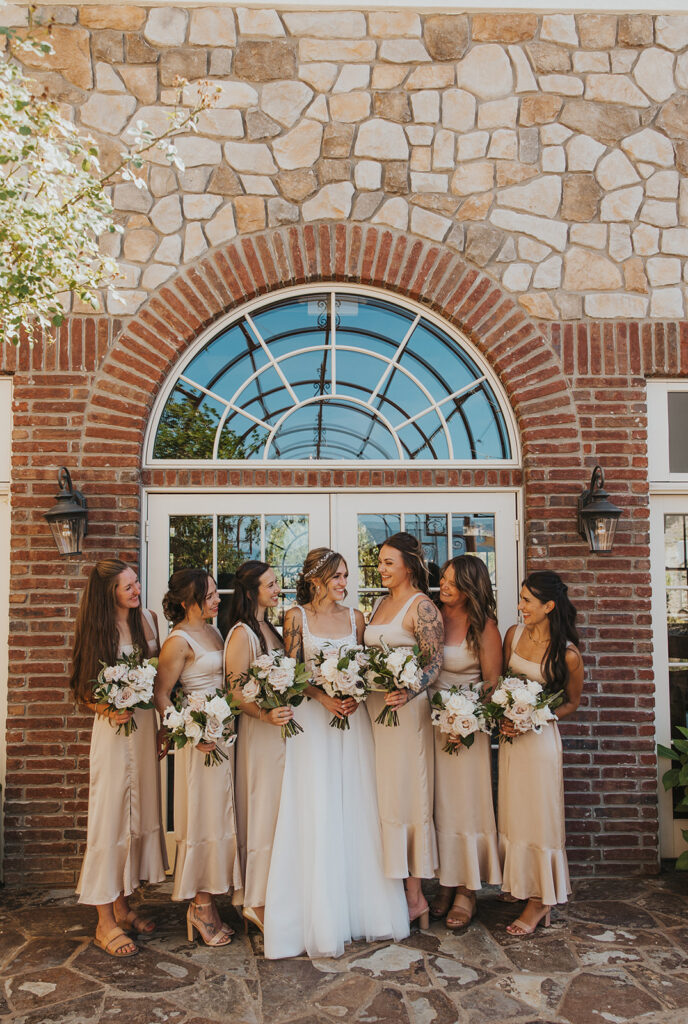 bride and bridesmaids, champagne colored bridesmaid dresses