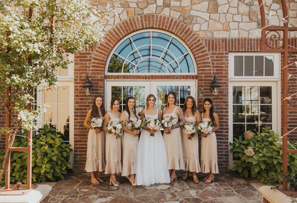 bride and bridesmaids, champagne colored bridesmaid dresses