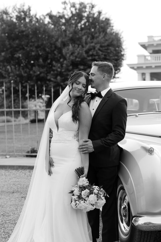 Timeless bride and groom photos at The Moore Mansion with a classic car