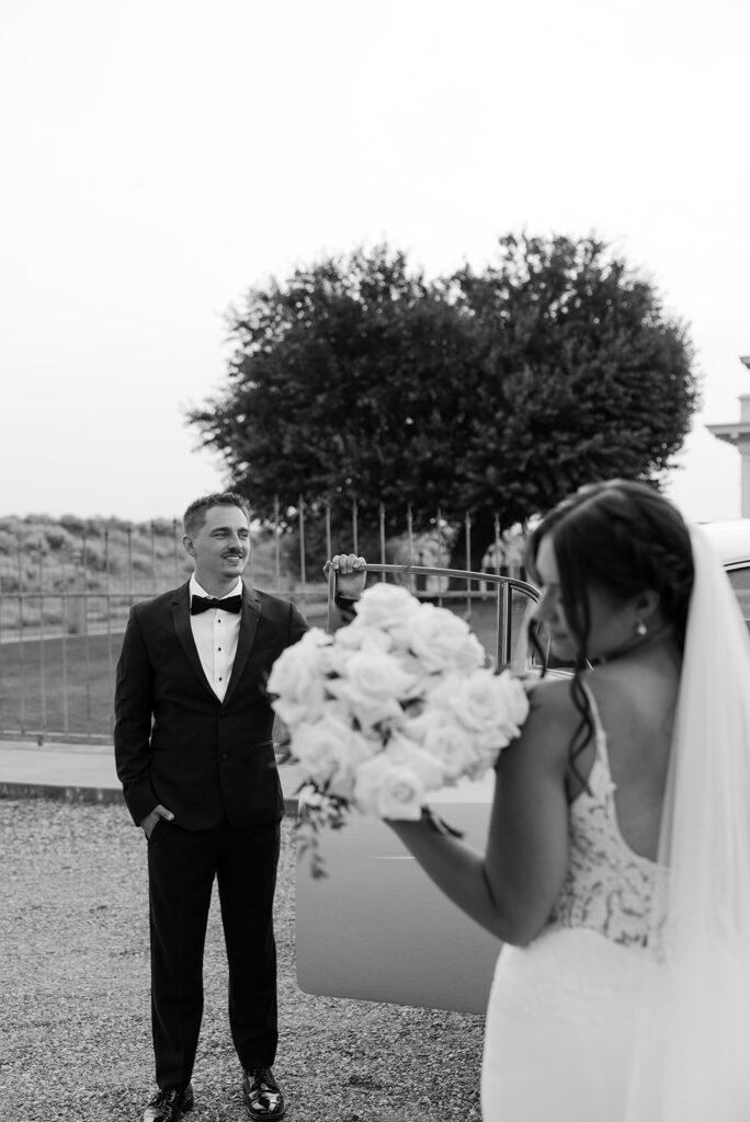 Timeless bride and groom photos at The Moore Mansion with a classic car