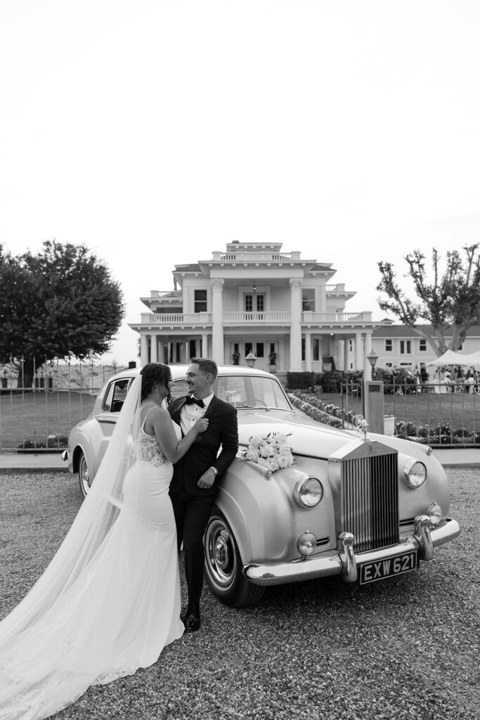 Timeless bride and groom photos at The Moore Mansion with a classic car