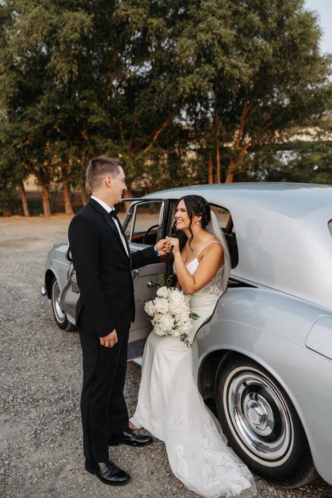 Timeless bride and groom photos at The Moore Mansion with a classic car