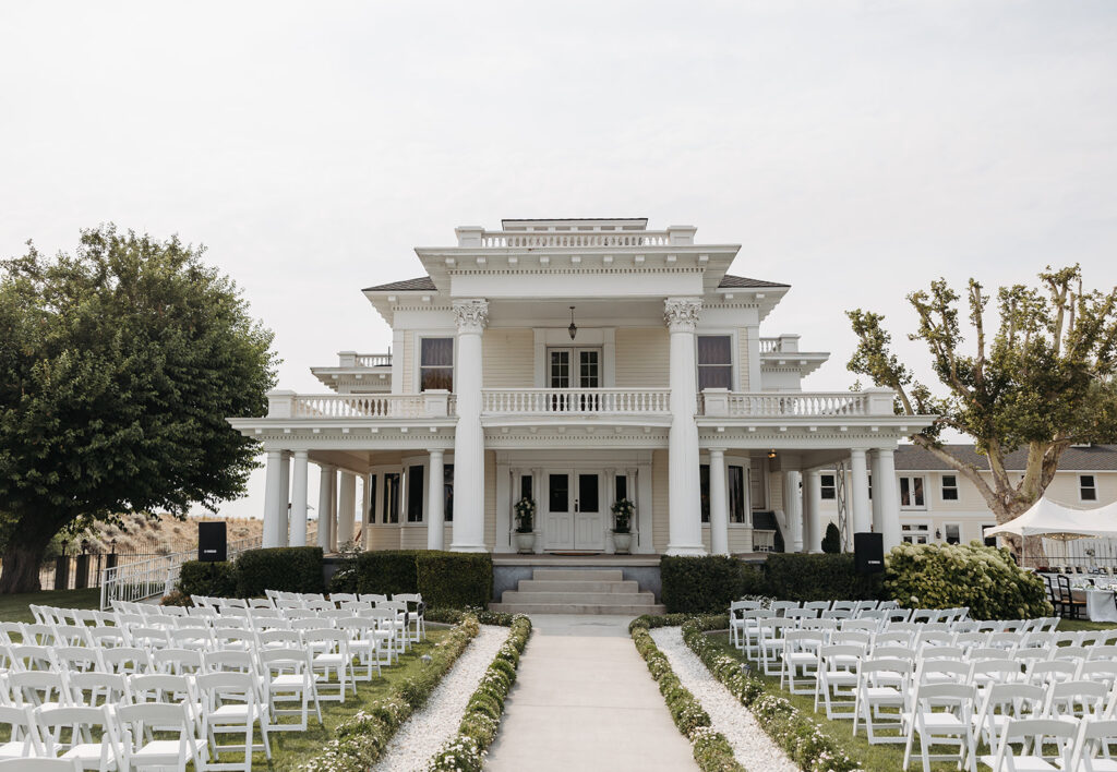 The ceremony set up outside of the Moore Mansion in the front lawn