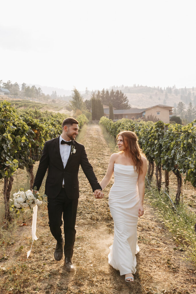 Bride and groom portraits in the vineyards at Karma Vineyards in Chelan, WA