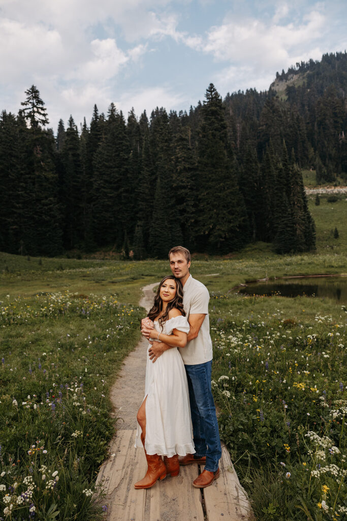 A couples photo session in the wildflowers at Mount Rainier