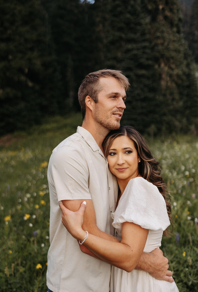 A couples photo session in the wildflowers at Mount Rainier