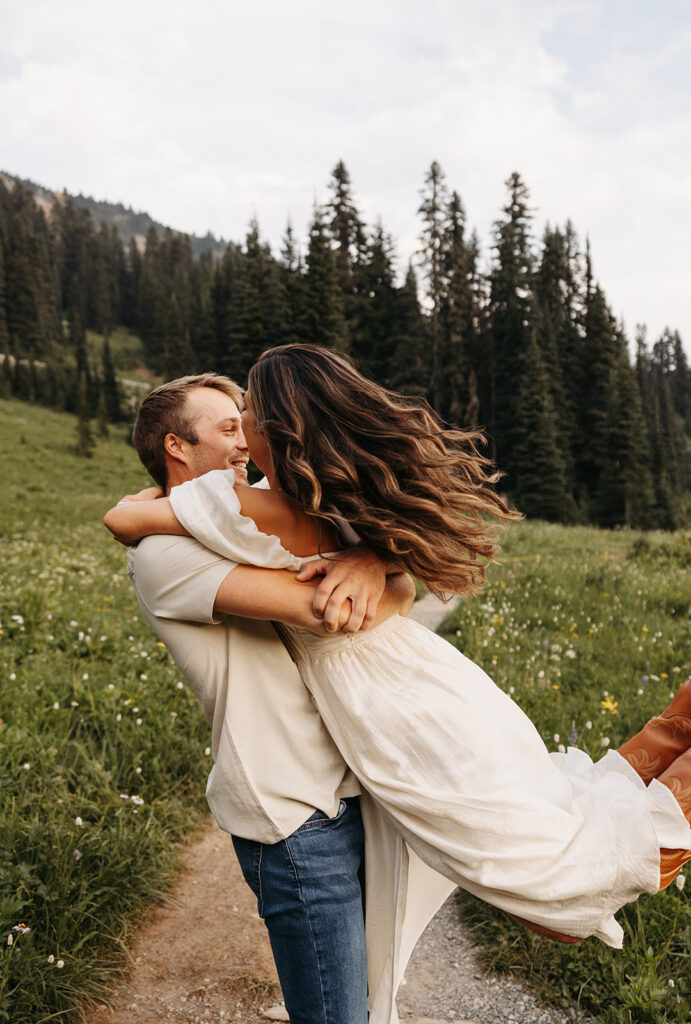 A couples photo session in the wildflowers at Mount Rainier