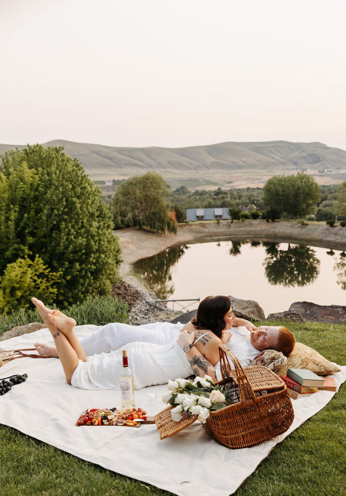 Picnic engagement photos at sunset at Terra Blanca Winery