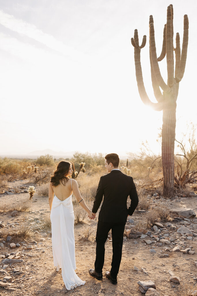 Phoenix elopement portraits with cactus at sunset