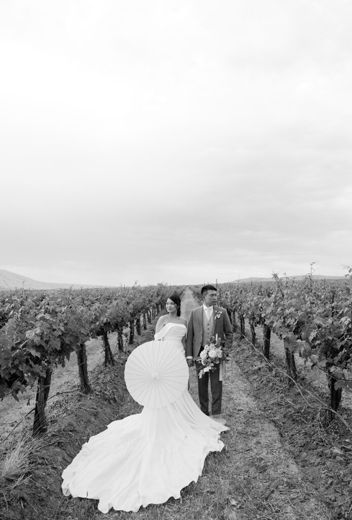 Bride and groom portraits in Terra Blanca Winery's vineyard