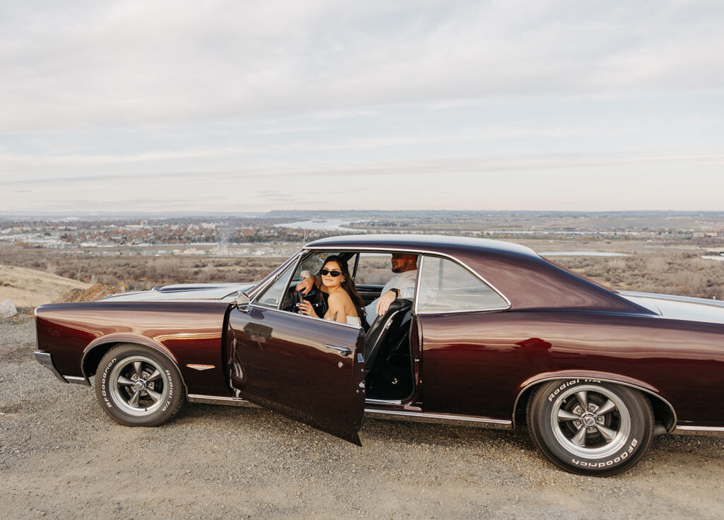 Classic car engagement photos in the Tri-Cities