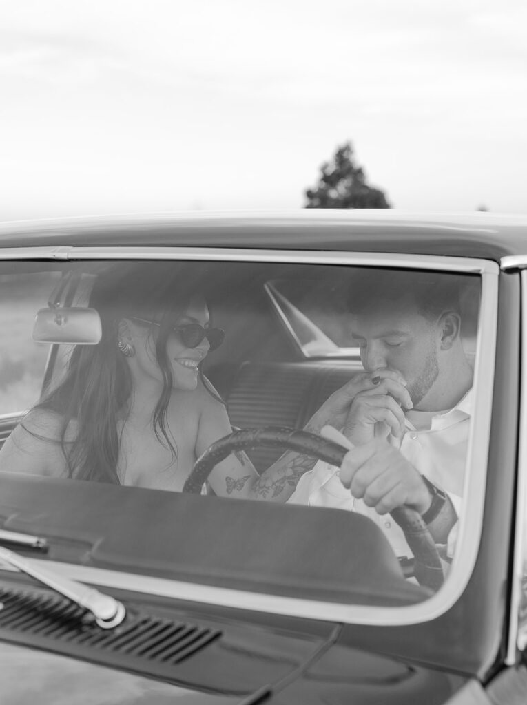 Classic car engagement photos in the Tri-Cities