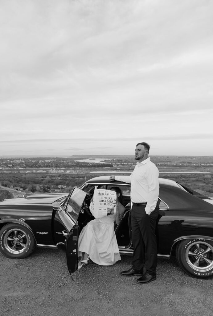 Classic car engagement photos in the Tri-Cities