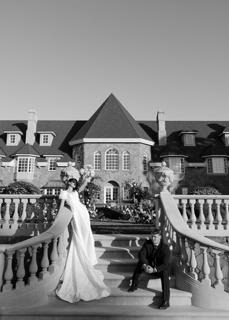 Bride and groom portraits in front of Château de Michellia in Oregon