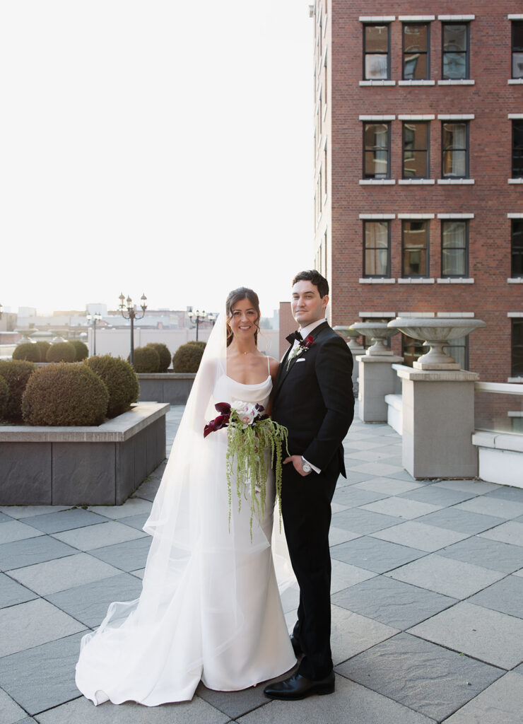 Bride and groom portraits on the rooftop of the Historic Davenport Hotel in Spokane