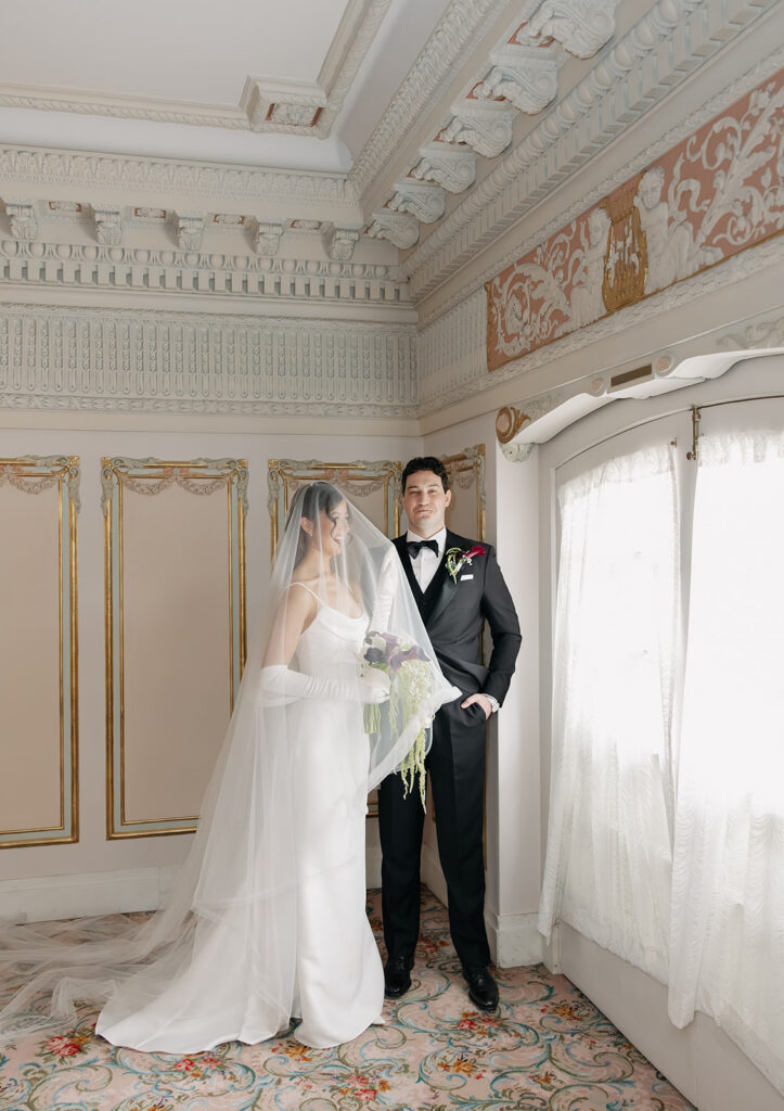 Old money bride and groom portraits in Spokane, WA