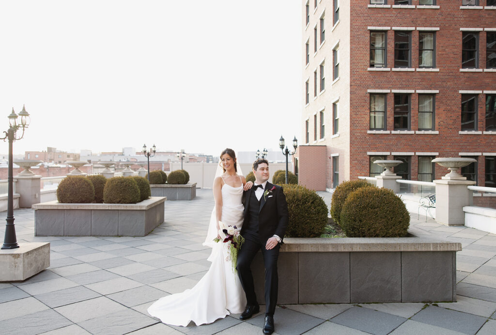 Bride and groom portraits on the rooftop of the Historic Davenport Hotel in Spokane