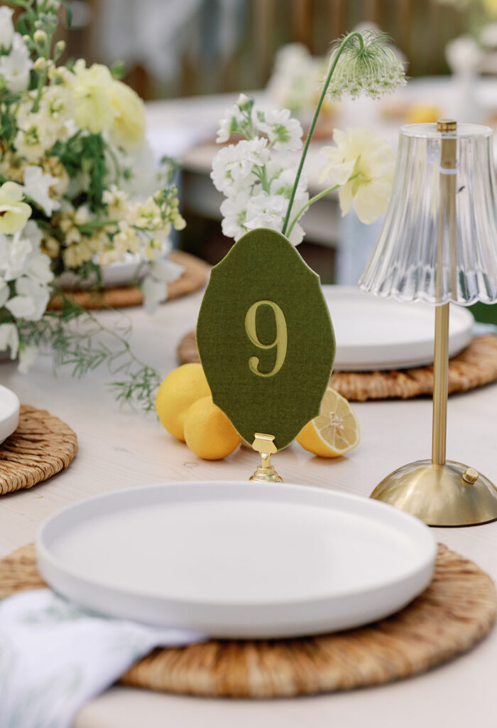 Spring wedding table settings with lemon details