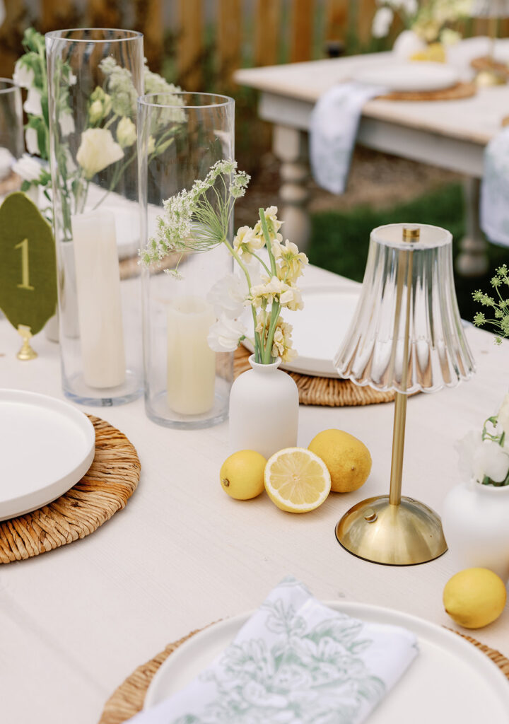 Spring wedding table settings with lemon details